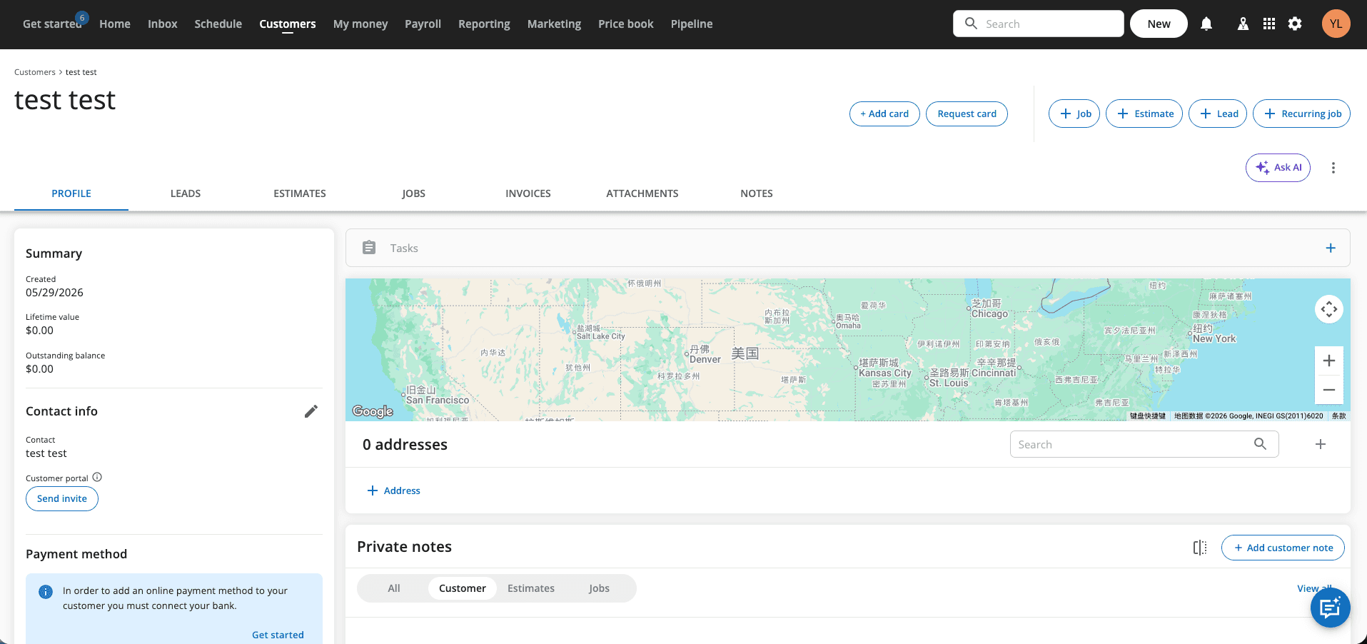 Housecall Pro client profile showing service history