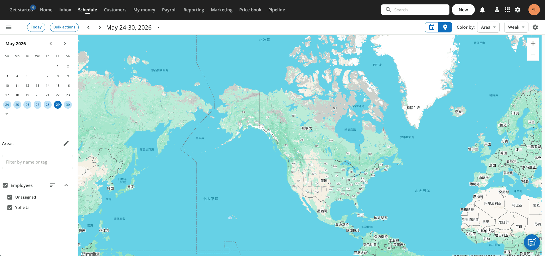 Housecall Pro dispatching map with technician locations