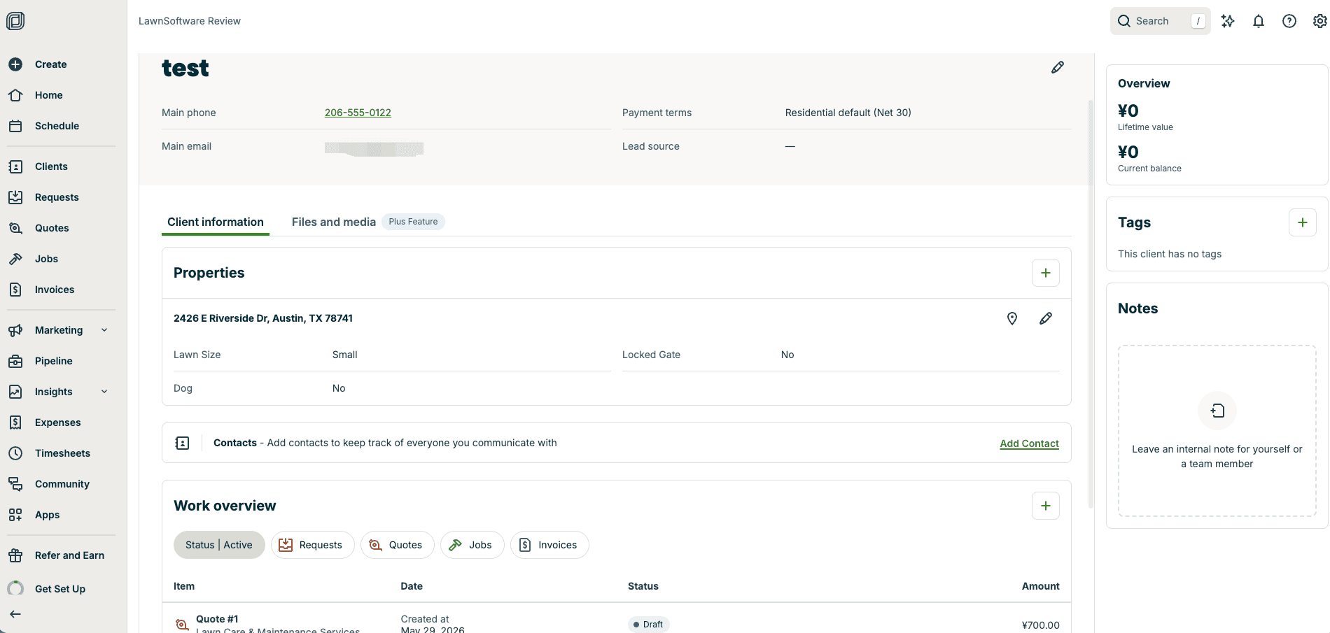 Jobber client profile showing job history and contact details