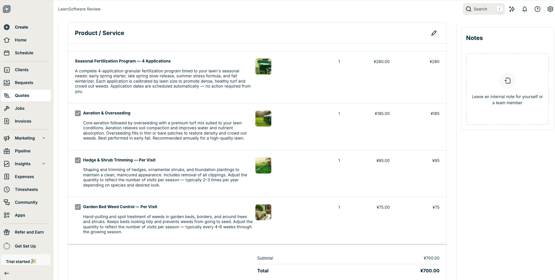 Jobber quoting interface showing line-item quote builder